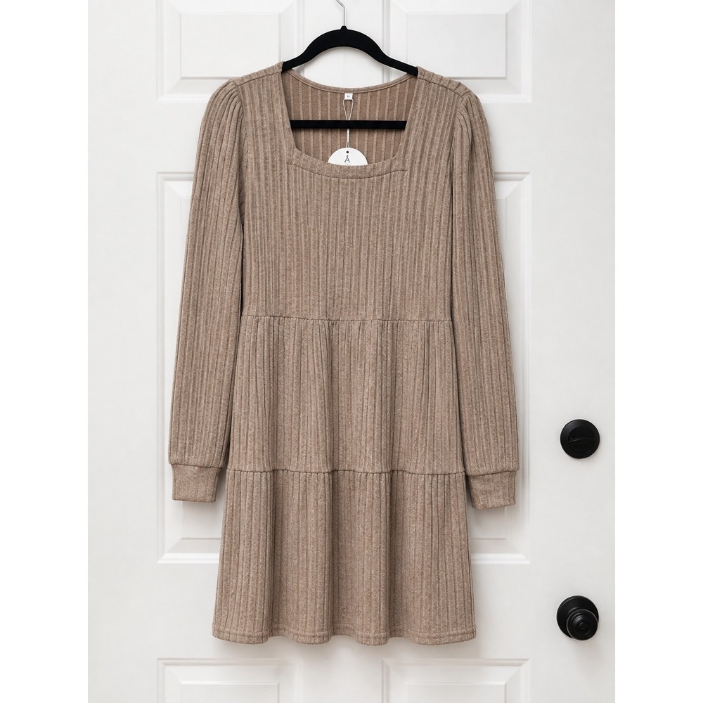 NWT Anrabess Ribbed Tiered Mini Dress Long Sleeve Pockets Cozy Tan Brown Large
